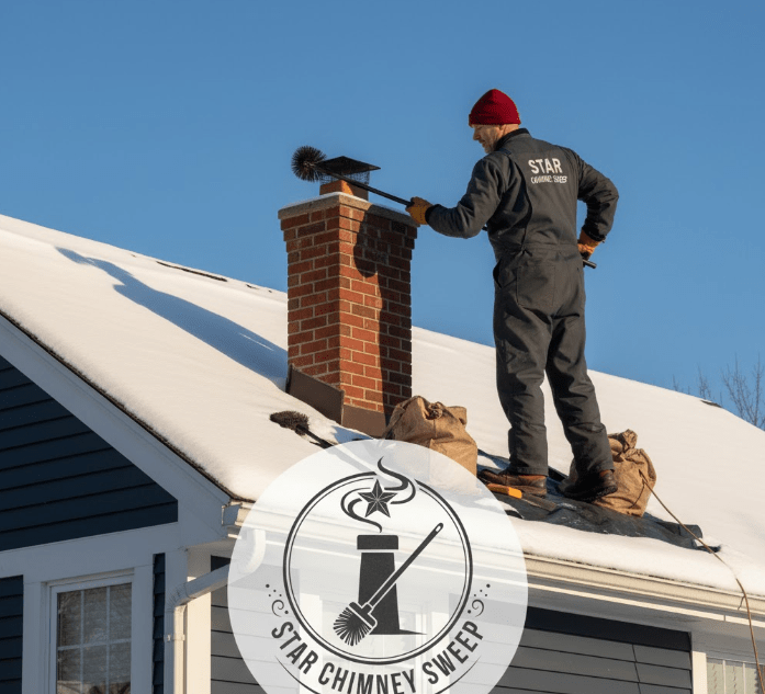 Professional chimney sweep on roof